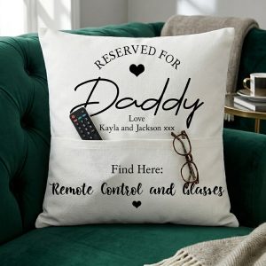 personalised cushion for Daddy with a pocket to keep remote control , snacks and glasses