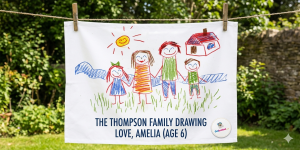 Personalised white cotton tea towel featuring a real childs colourful crayon drawing of a family and house.