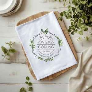 Personalised white tea towel with a green leaf wreath design featuring Mr and Mrs Codling Est 2026 and the words Happily Ever After.