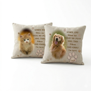 Custom pet memorial pillow in 40cm size featuring a cat photo and a personalised name paw print on a beige linen background.
